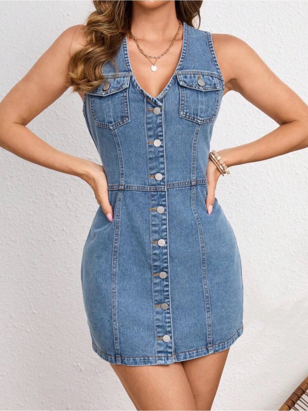 Denim Button-Front Sleeveless Bodycon Dress - Blue - Picture 2 of 6